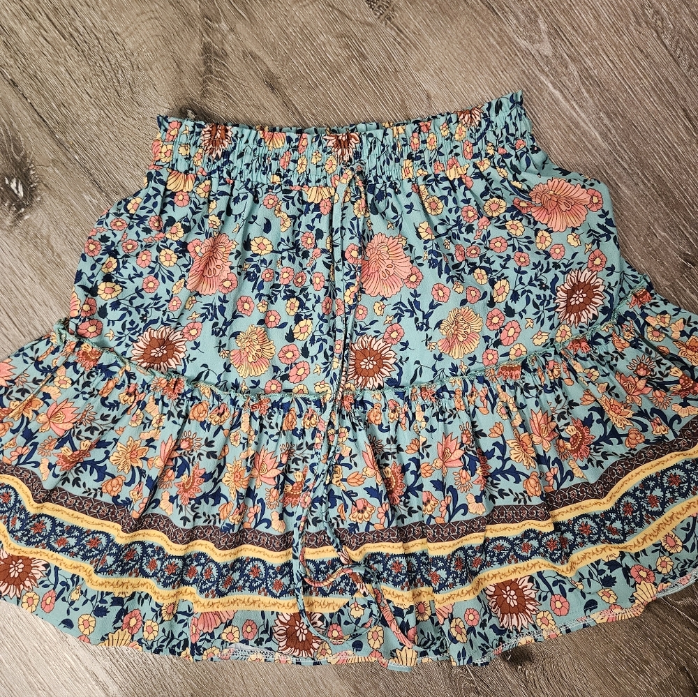 Floral Tiered Mini Skirt - Blue & Coral